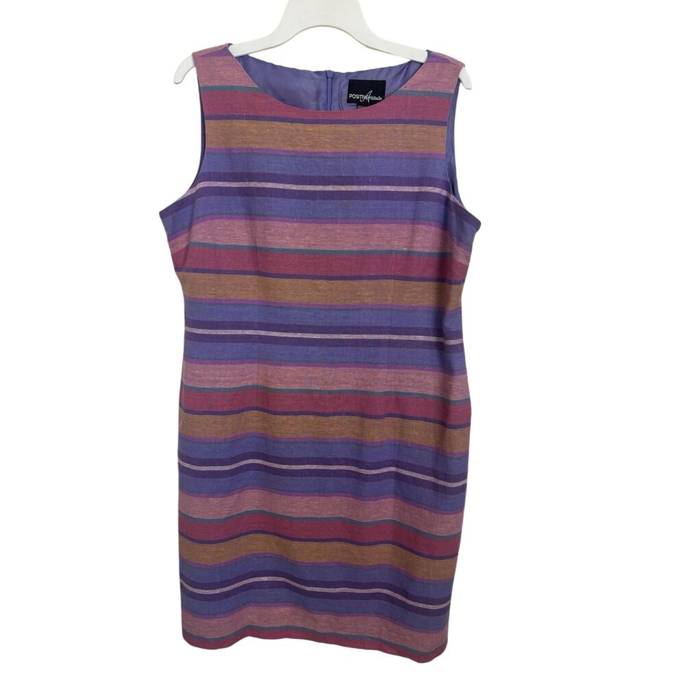 Y2K Linen Blend Purple Pink Striped Sleeveless Cocktail Dress Sz 16 Beach Retro